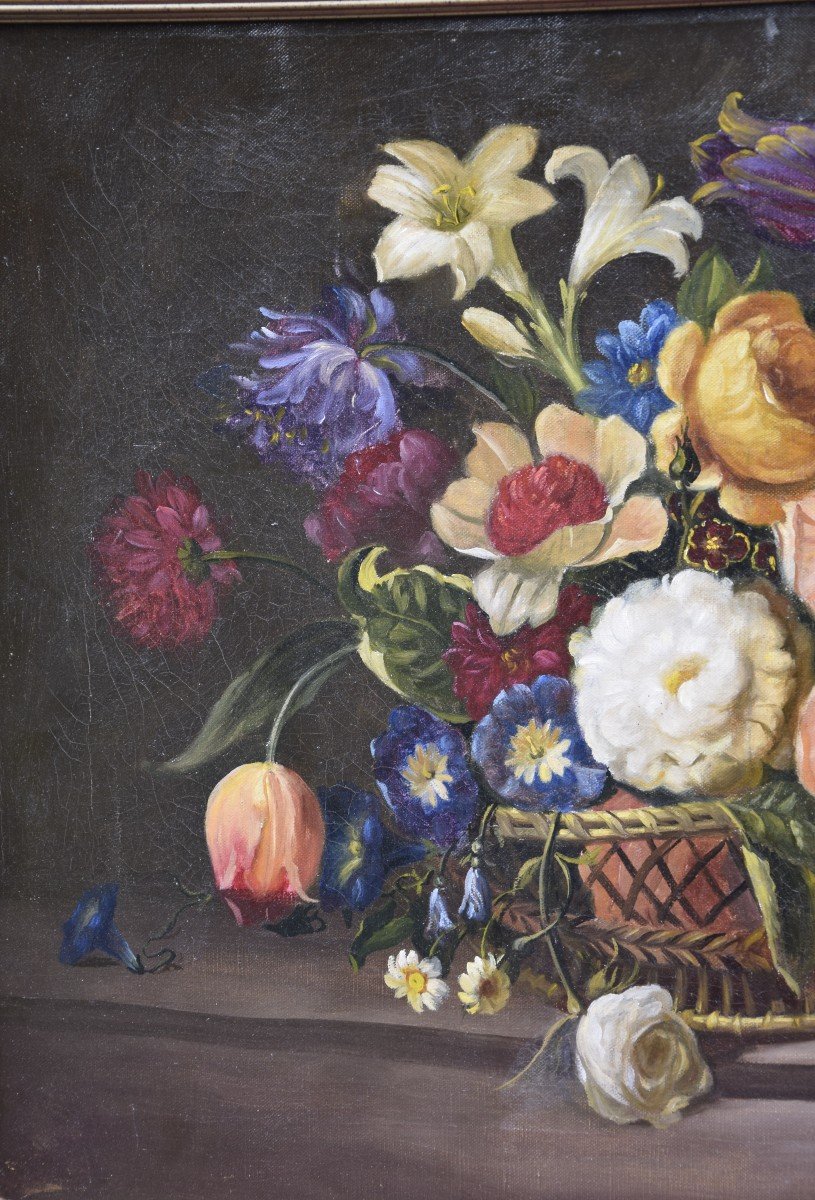 Still Life With A Basket Of Flowers, Italian School, Oil On Canvas-photo-3