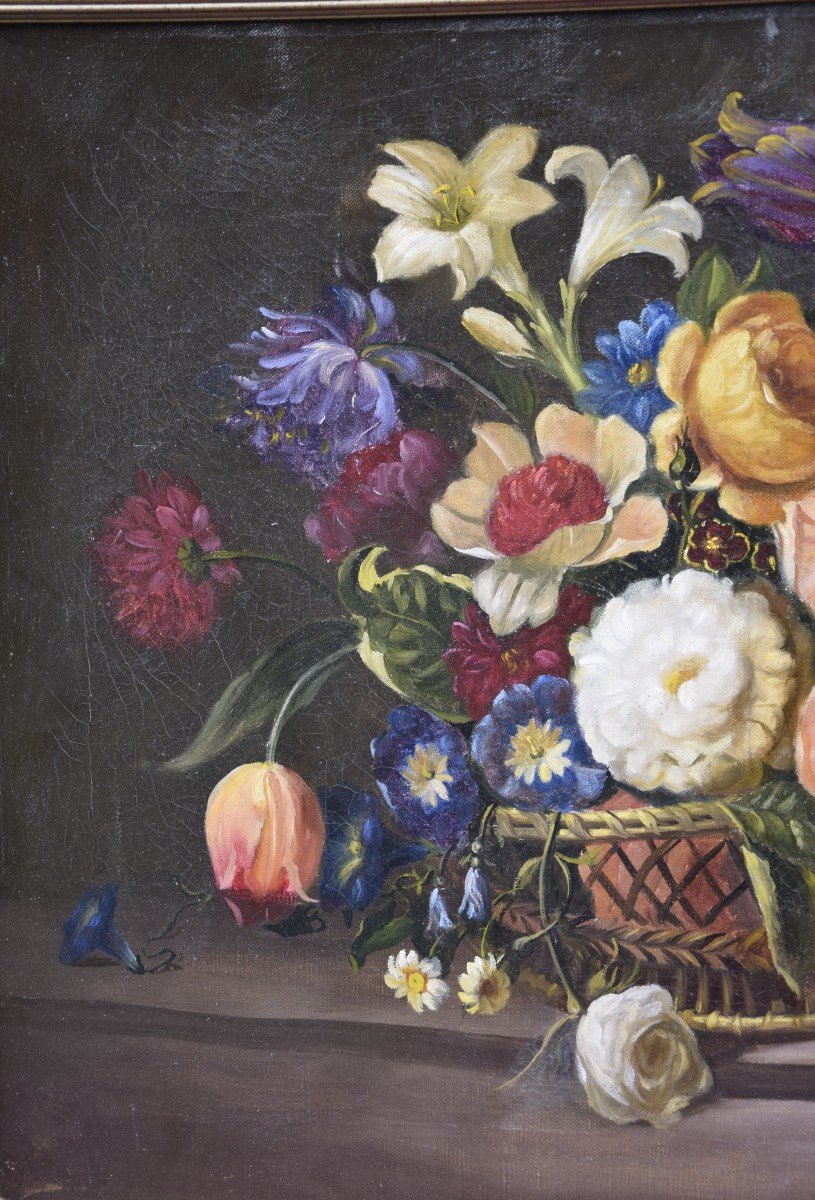 Nature morte à la corbeille de fleurs , Ecole Italienne , huile sur toile -photo-3