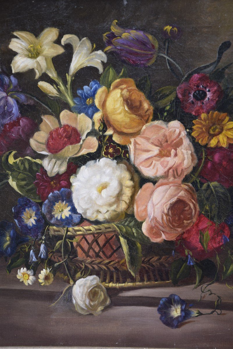 Nature morte à la corbeille de fleurs , Ecole Italienne , huile sur toile -photo-1