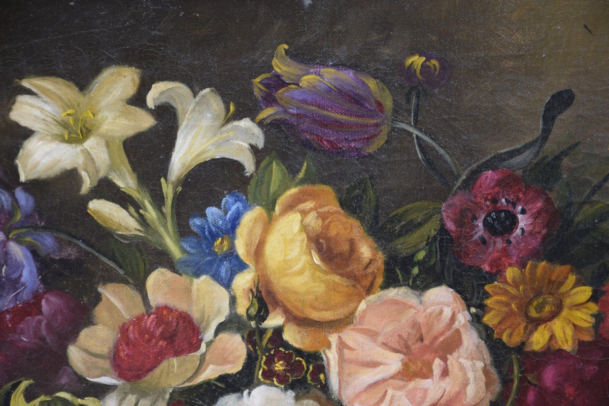 Nature morte à la corbeille de fleurs , Ecole Italienne , huile sur toile -photo-3