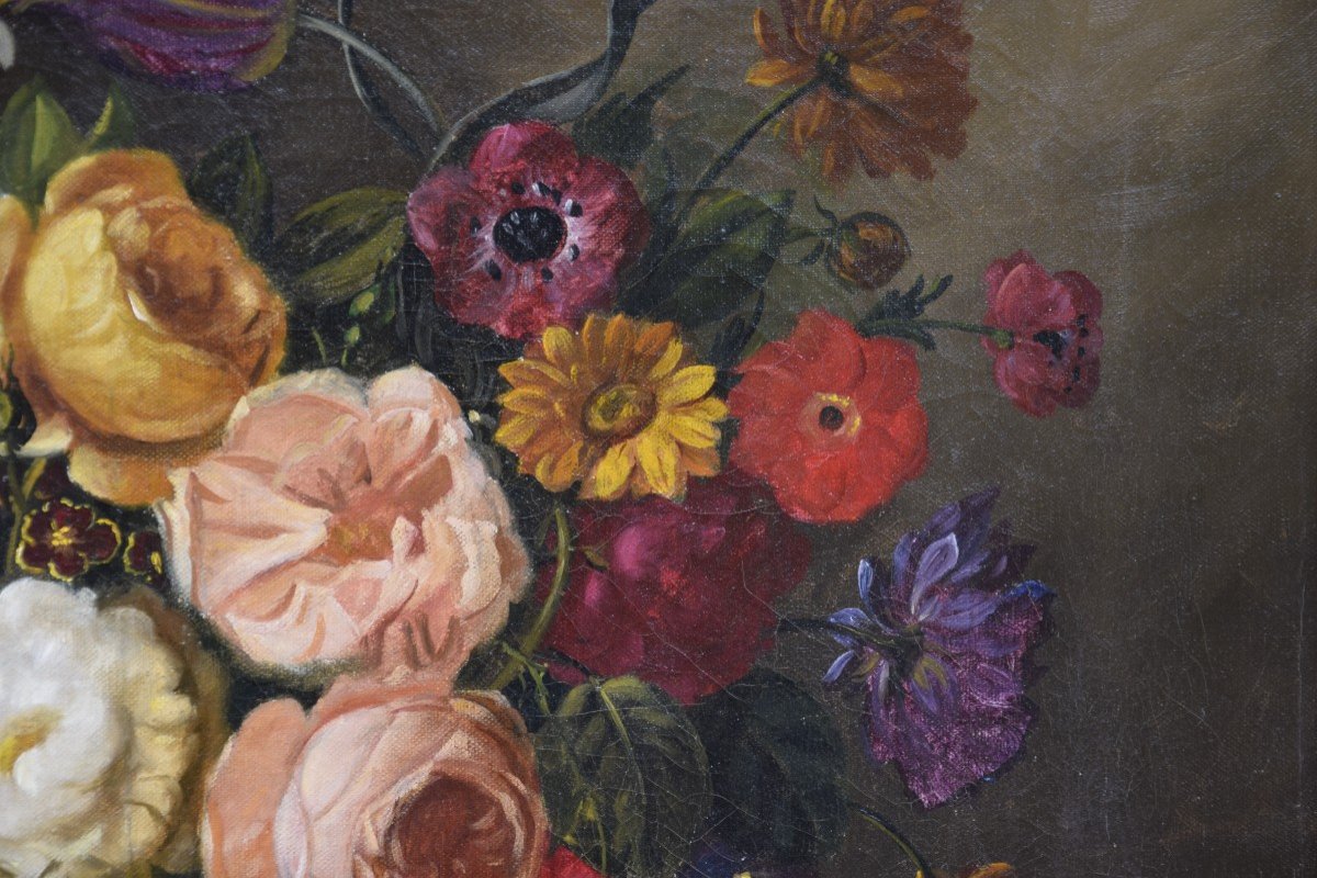 Still Life With A Basket Of Flowers, Italian School, Oil On Canvas-photo-4
