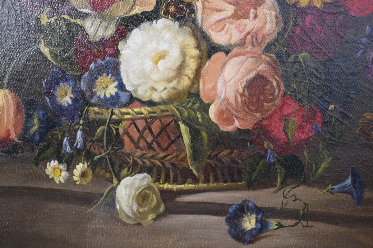 Nature morte à la corbeille de fleurs , Ecole Italienne , huile sur toile -photo-6