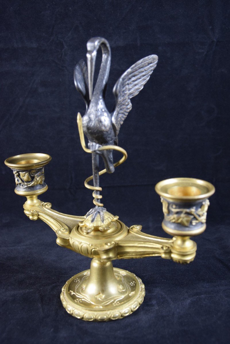 D'après A. Delafontaine (1813-1892) Paire de chandeliers en bronze , hérons et tortues, NIII-photo-2