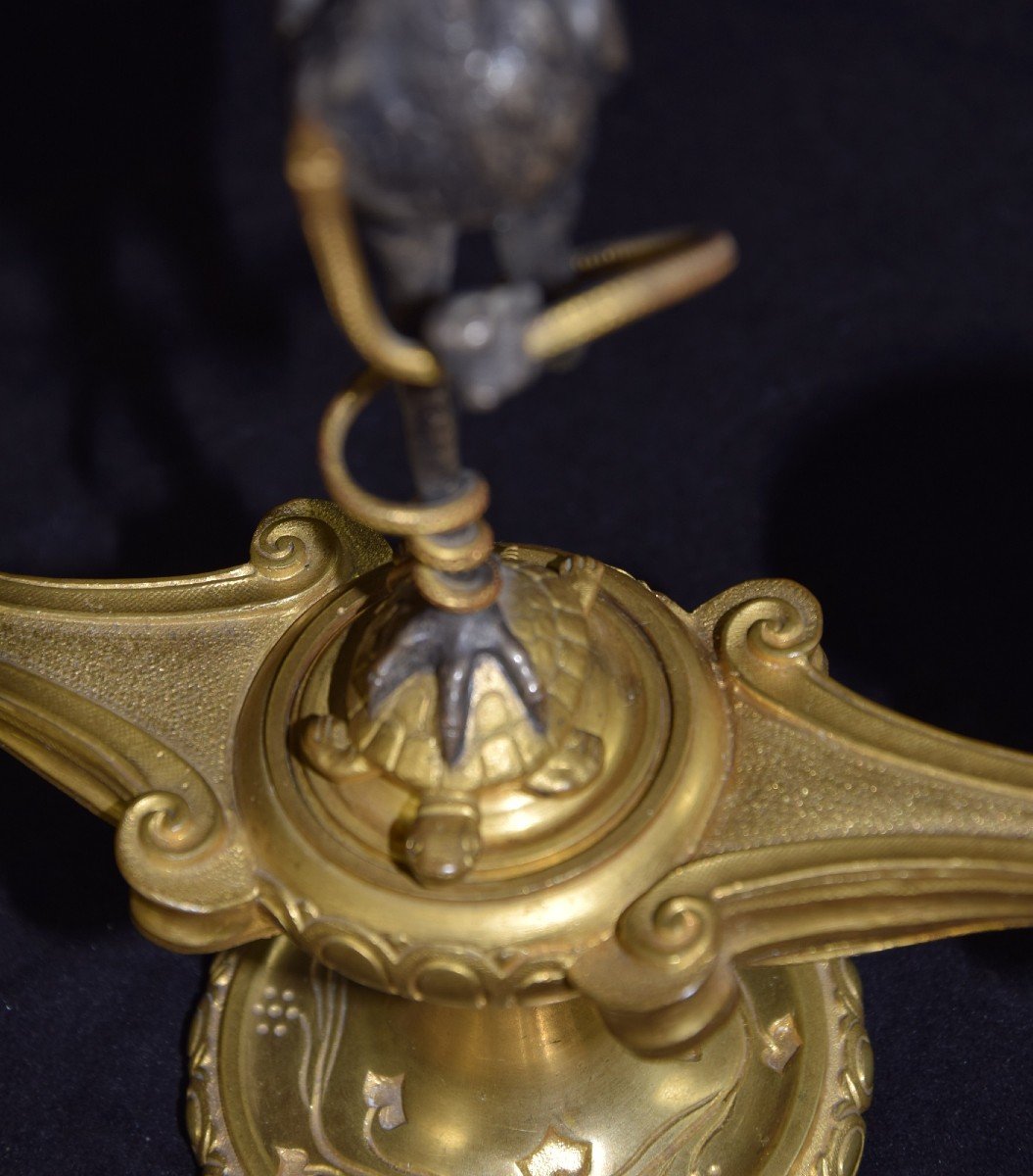 D'après A. Delafontaine (1813-1892) Paire de chandeliers en bronze , hérons et tortues, NIII-photo-4