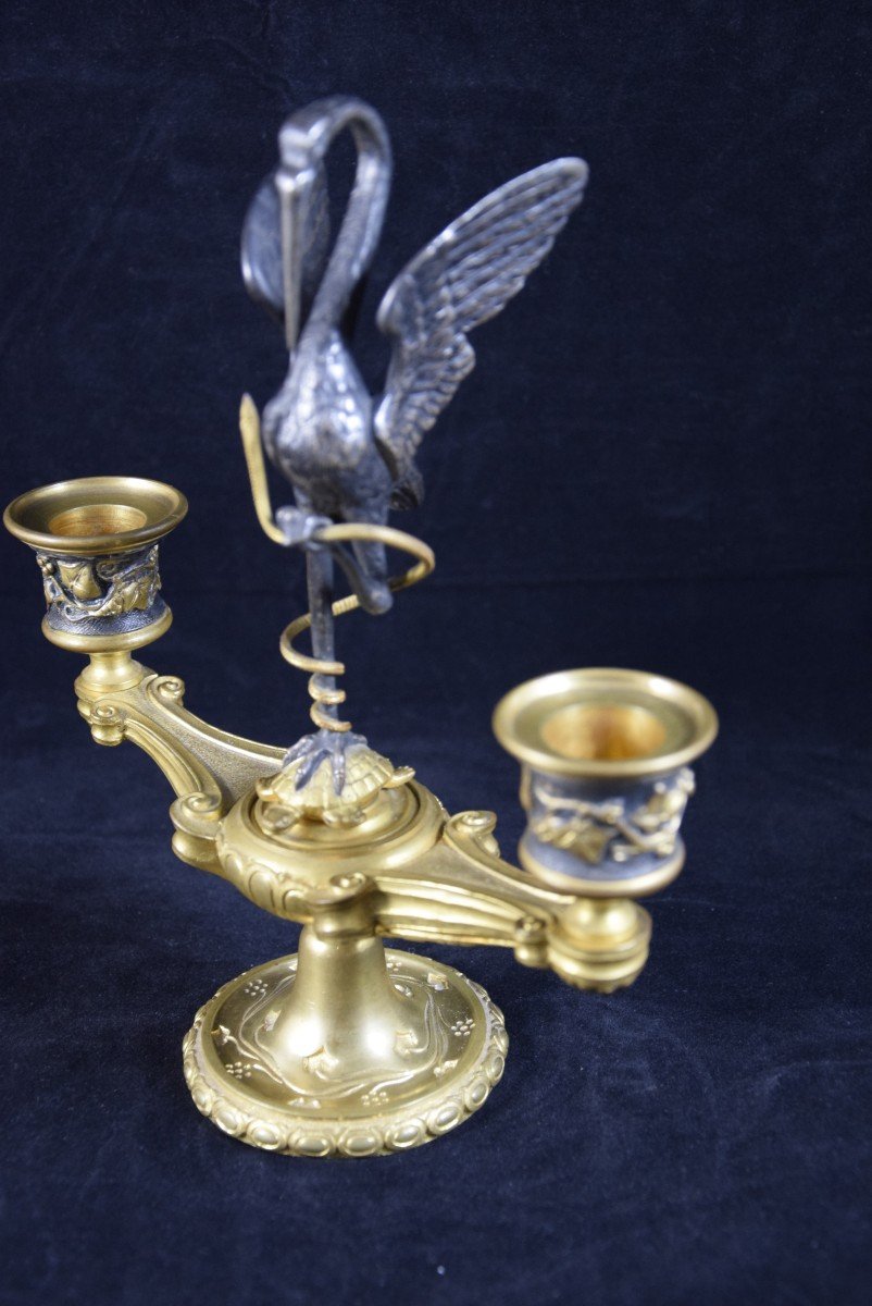 D'après A. Delafontaine (1813-1892) Paire de chandeliers en bronze , hérons et tortues, NIII-photo-1