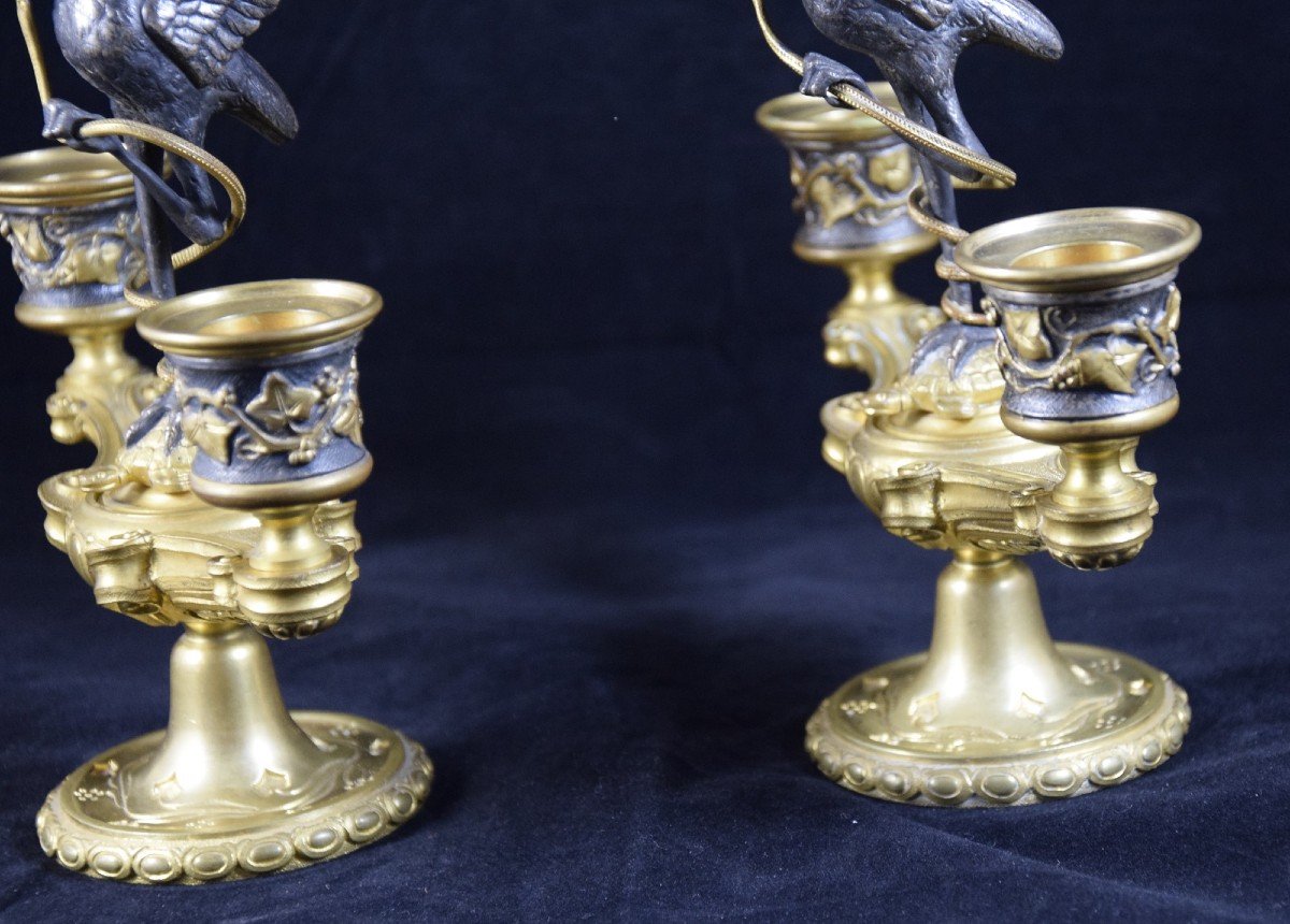 D'après A. Delafontaine (1813-1892) Paire de chandeliers en bronze , hérons et tortues, NIII-photo-5