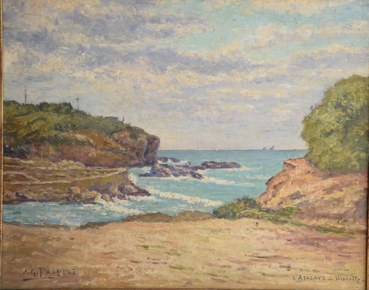 Jean Georges Pasquet ( 1851-1936) , L 'atalaye  à Biarritz, Huile Sur Panneau-photo-2