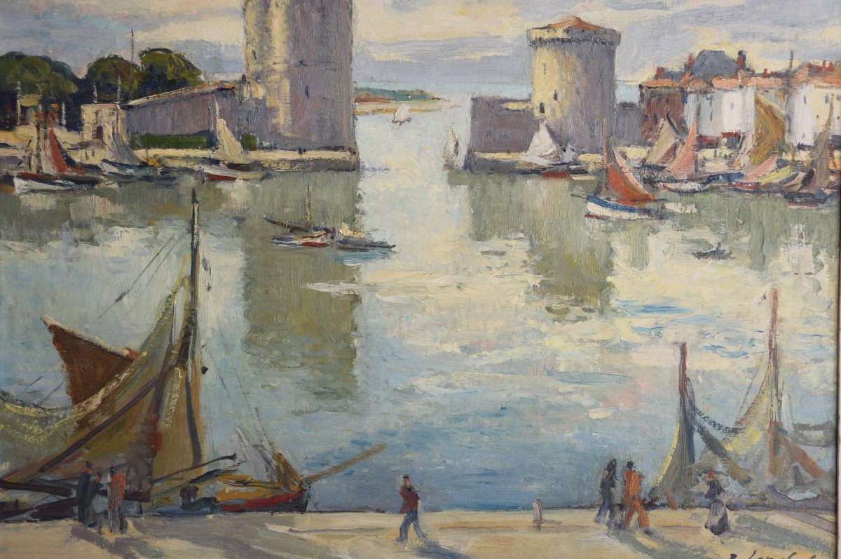 Pierre Langlade (1907-1972) le port de La Rochelle ,huile sur carton-photo-4