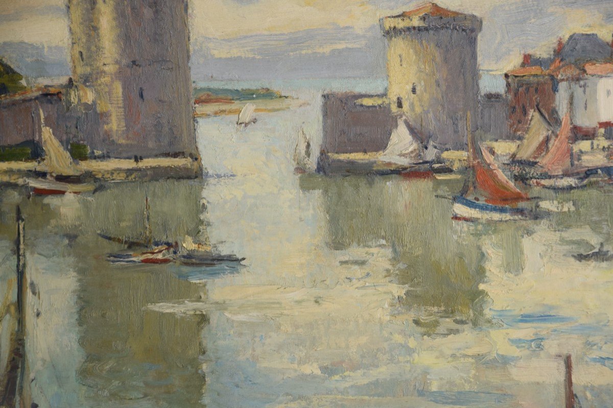 Pierre Langlade (1907-1972) le port de La Rochelle ,huile sur carton-photo-3