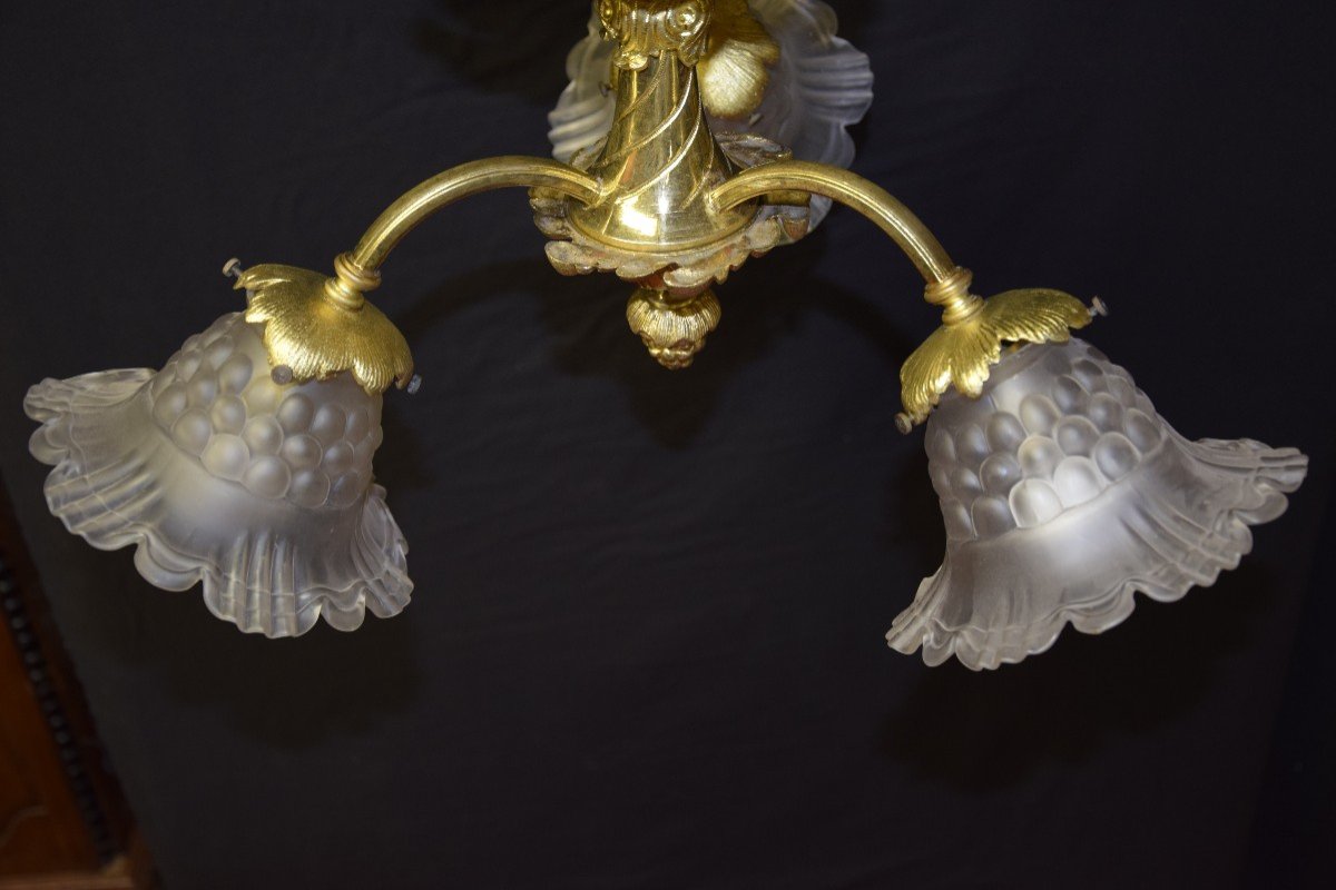Lustre/suspension en bronze doré , 3 bras de lumière, fin XIXème -photo-3