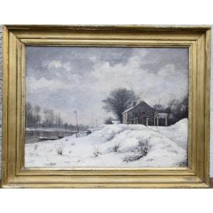 Edouard Castres (1838-1902)  "Paysage sous la neige ", huile sur toile 