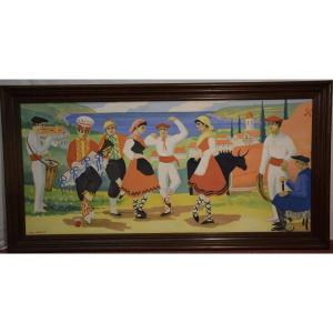 Louis Chareyre ( 1917-1995) Traditions du Pays basque ,grande  huile sur panneau,86 cm x 167 cm