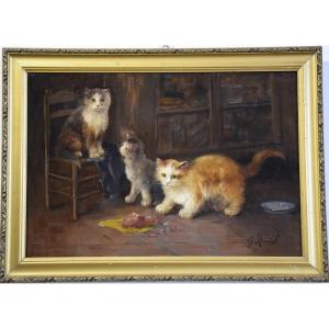 Le repas des chatons  , huile sur toile de G.Mansol vers 1900