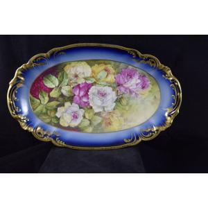 Leon Sazerat (1831-1891), Limoges Porcelain, Large Dish, Rose Decor.
