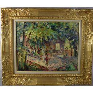 André  Prugent  (1882-1965), Spectacle de danse au théâtre de  verdure , huile sur panneau