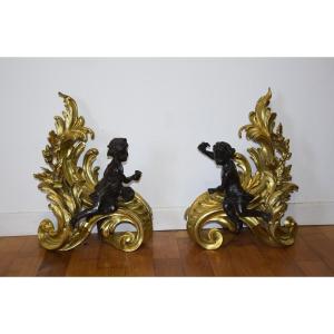 Pair Of Gilt And Patinated Bronze Andirons, Putti Decoration, Louis XV Style