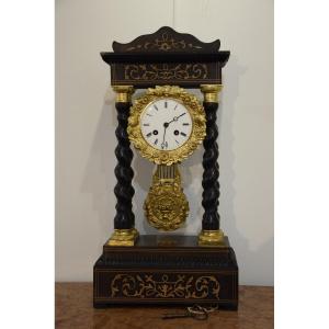 Portico Clock In Blackened Pear And Marquetry , Napoleon III Period