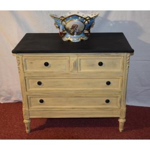 Small Dresser In Painted And Patinated Wood, Louis XVI Style, 4 Drawers