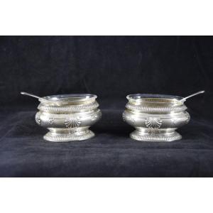 Pair Of Salt Cellars, Silver And Glass, Minerva Hallmark, Shell Decoration, 19th Century