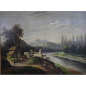 Paysage animé , village au bord d'une rivière, Ecole romantique , huile sur toile XIXème