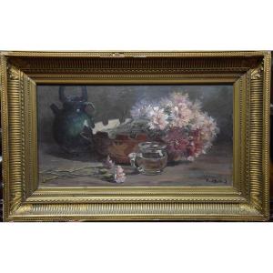 Paul Rolland ( 1830-  )   Nature morte au bouquet d'oeillets , Huile sur panneau XIXème 