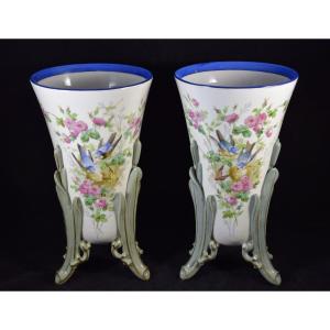 Pair Of Large Paris Porcelain Vases, Decorated With Birds And Butterflies 