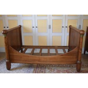 Empire Style Bed With Detached Columns In Cherry Wood, 19th Century 