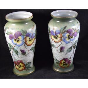Pair Of Opaline Vases, Hand Painted Floral Decor, Napoleon III