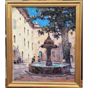 André Beronneau  "La  vielle fontaine de Cotignac dans le Var" , huile sur toile 