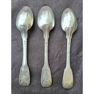 3 Solid Silver Spoons, 18th Century, General Farmers And 1st Rooster, Shell Model