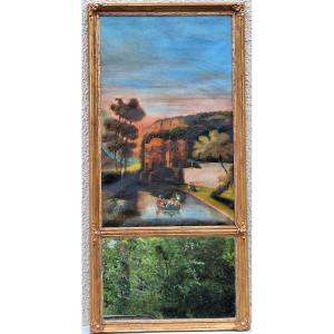 Trumeau en bois doré ,scène  romantique ,époque Restauration ,XIXème 