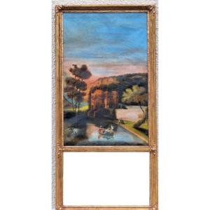 Gilded Wooden Trumeau, Romantic Scene, Restoration Period, 19th Century 