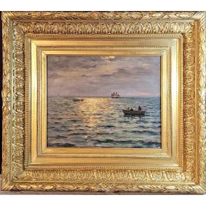 Charles Signoret (1867-1932), "marine au crépuscule "  huile sur toile .