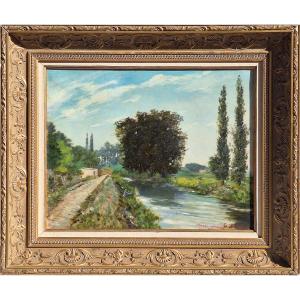 Huile sur toile ,"paysage  animé ", signée L.Bergon, Ecole de Barbizon, fin XIXème 