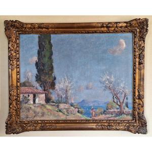 Frédéric Montenard ( 1849-1926) " Paysage de Provence  au printemps ",huile sur toile , 