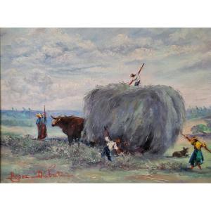 Roger DUBUT( 1890-1960), "le ramassage du foin  en Périgord ", huile sur panneau 
