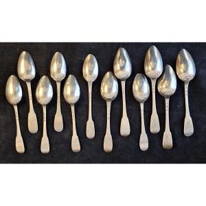 Set Of 12 Silver Dessert Spoons, 1st And 2nd Rooster Design, Paris 1st Standard, Early 19th Century 