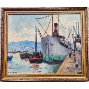 Christophe Rielland (1932– ) “bustling Harbor,” Oil On Canvas