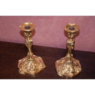 Pair Of Candlesticks In Gilt Bronze, Louis XV Style, 19th