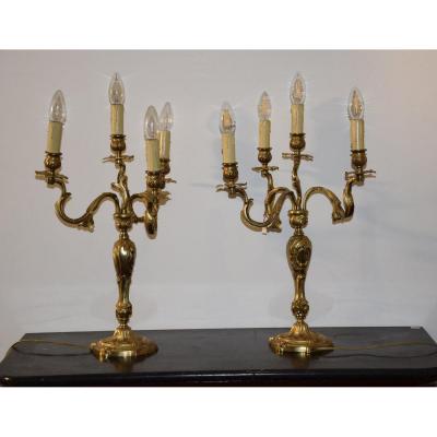 Pair Of Gilt Bronze Candlesticks, Lxv Style, 4 Lights