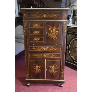 Napoleon III Cabinet / Secretary In Rosewood And Floral Marquetry