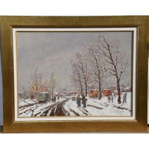 Edouard  Febvre ( 1885- 1967)  Les roulottes des gitans  en hiver , huile sur panneau