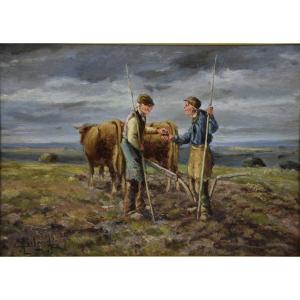 Camille Merlaud (1877-1957), Exchanges Between Two Ploughmen, Oil On Panel, Early 20th Century