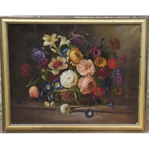 Still Life With A Basket Of Flowers, Italian School, Oil On Canvas