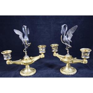 D'après A. Delafontaine (1813-1892) Paire de chandeliers en bronze , hérons et tortues, NIII