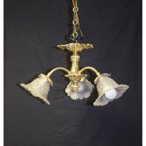 Lustre/suspension en bronze doré , 3 bras de lumière, fin XIXème 