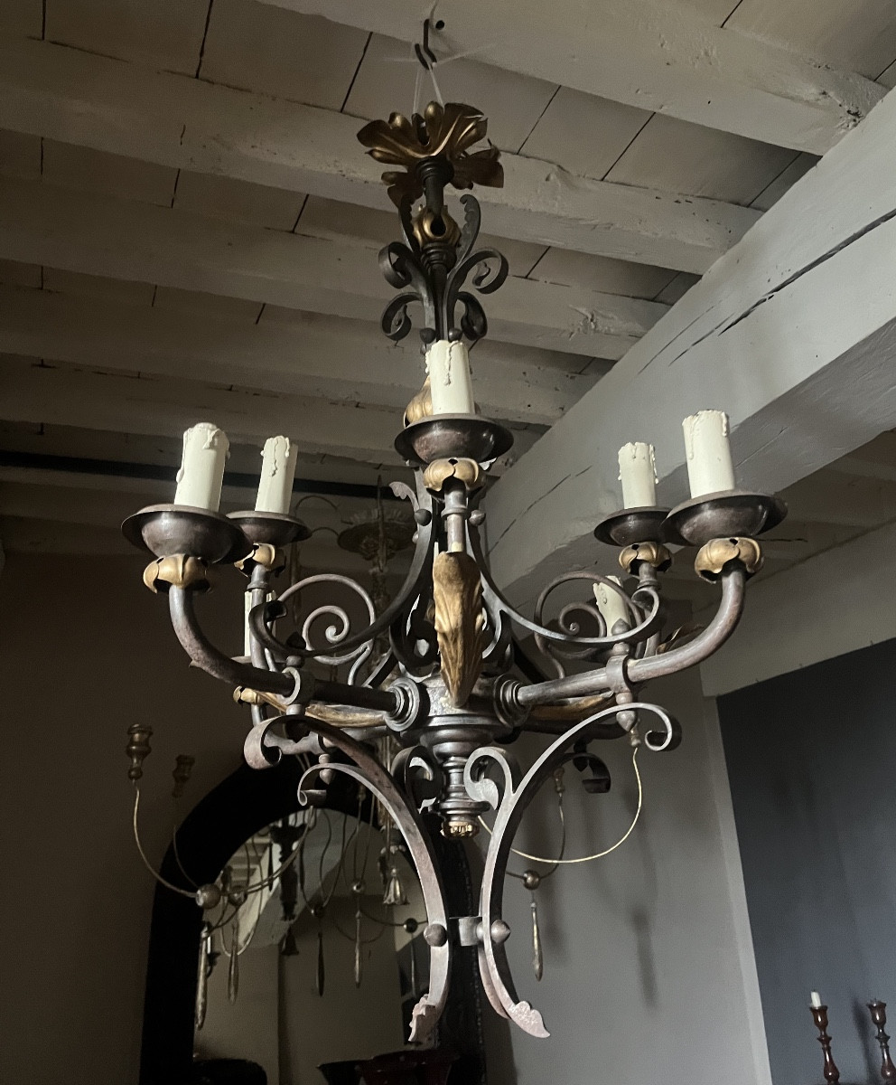 lustre en fer et tôle dorée 