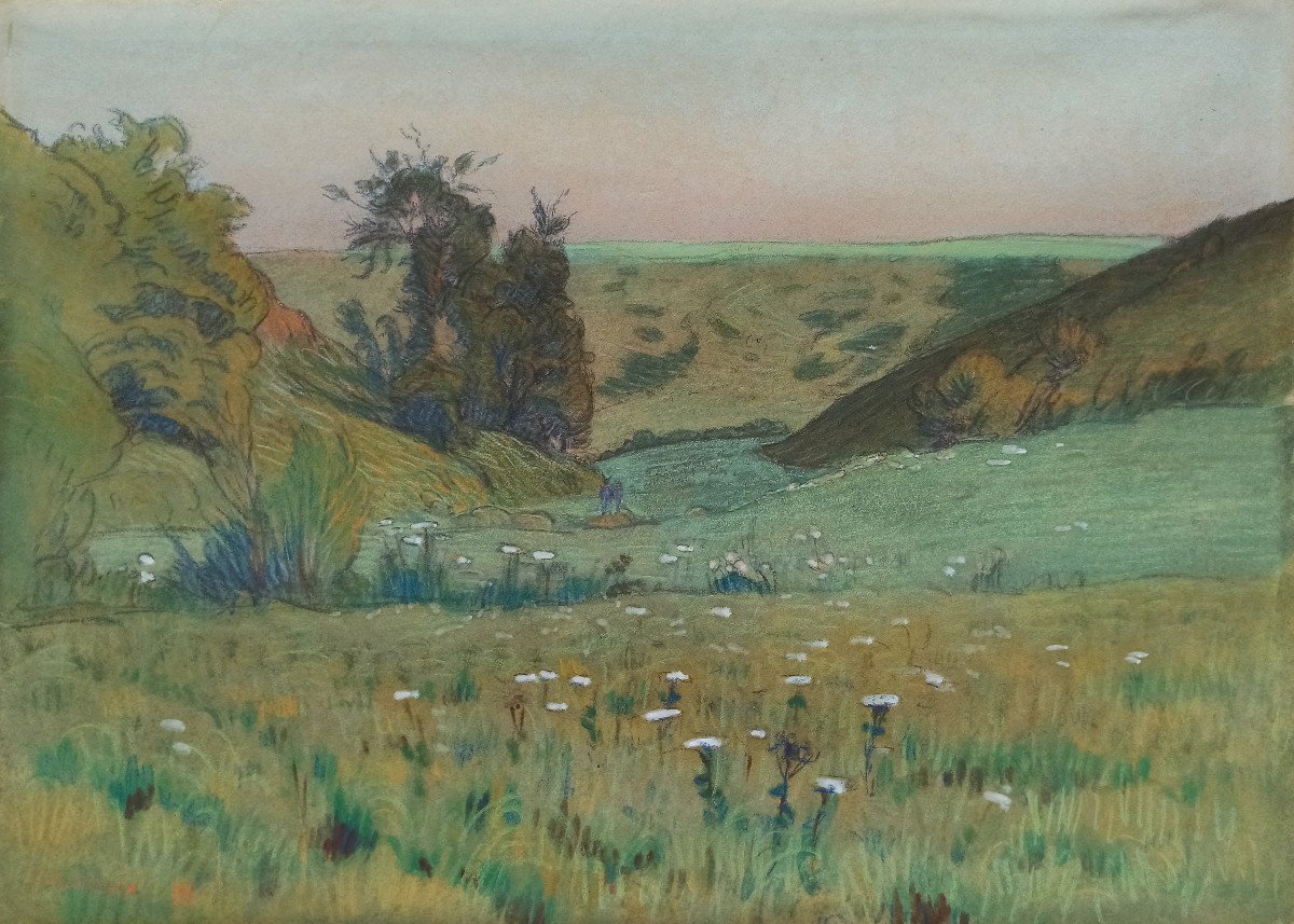 Charles Guilloux (1866-1946), Printemps en Gouédic, Saint-Brieuc, Bretagne, pastel signé, 1899