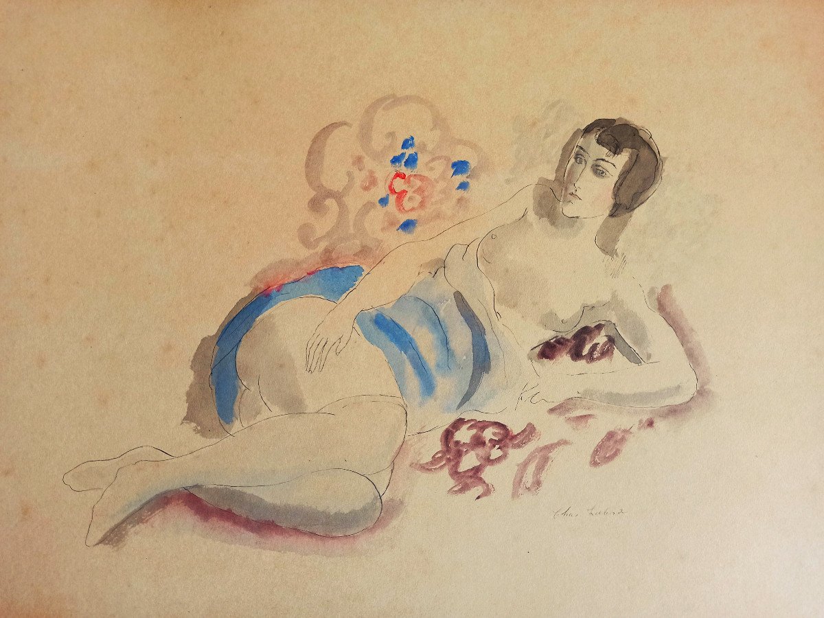 Chas Laborde (1886-1941, ami de Pascin, Foujita et Gus Bofa), Le Repos du modèle, aquarelle signée