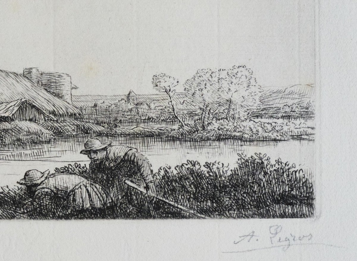 Alphonse Legros, Ferme sur la rivière - Effet du soir,  pointe-sèche, estampe signée dans la marge-photo-3